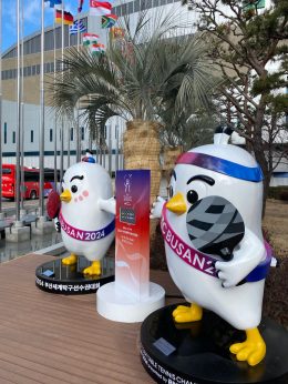 028_Loopy & Chopy (WM-Maskottchen), Vorplatz, BEXCO Exhibition Hall 1, Busan, KOR